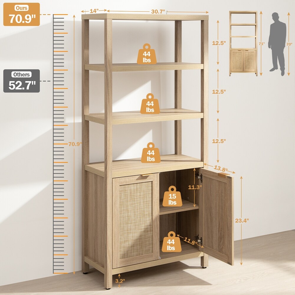 SICOTAS 5 Tier Adjustable Bookshelf with Rattan Storage Cabinet