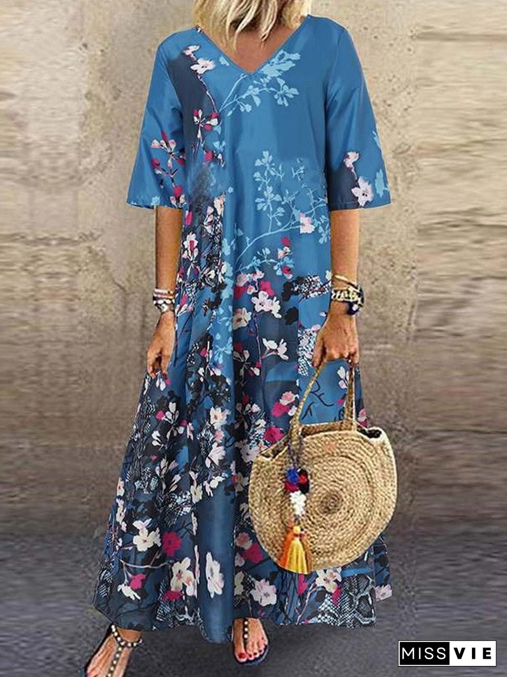 Women's Short Sleeve V-neck Graphic Floral Printed Maxi Dress