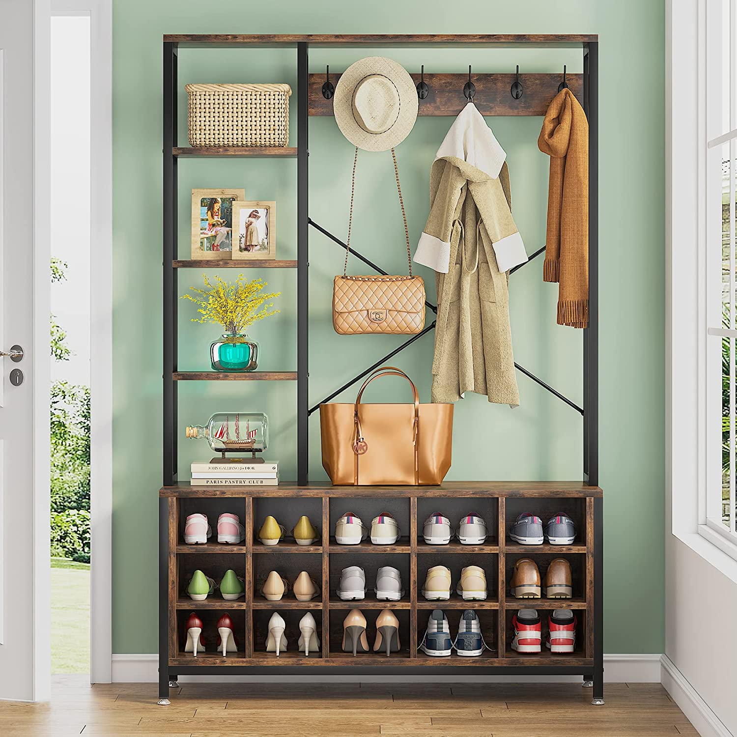 Tribesigns Entryway Hall Tree with Bench and Shoe Storage Bench with Coat Rack with Storage Shelves， Industrial Mudroom Bench with Shoe Storage and Coat Rack Hooks， Furniture for Hallway， Bedroom