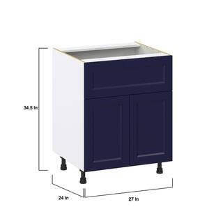 J COLLECTION Devon 27 in. W x 24 in. D x 34.5 in. H Painted Blue Shaker Assembled Base Kitchen Cabinet with 10 in. Drawer DSB27A-DV