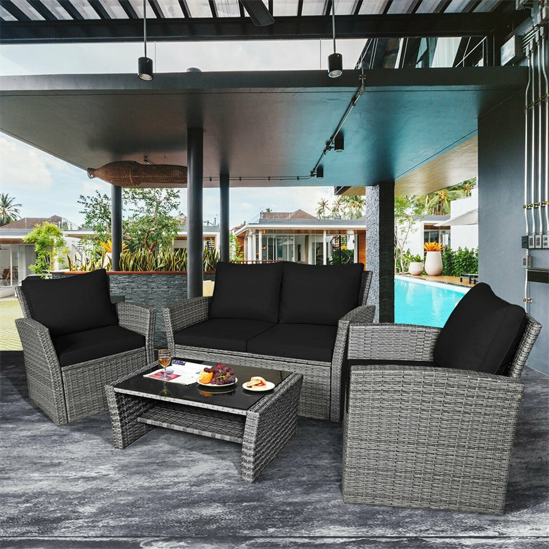 4 Pcs Rattan Patio Sectional Furniture Set with Storage Shelf Table, Cushioned Outdoor Wicker Conversation Sofa Set