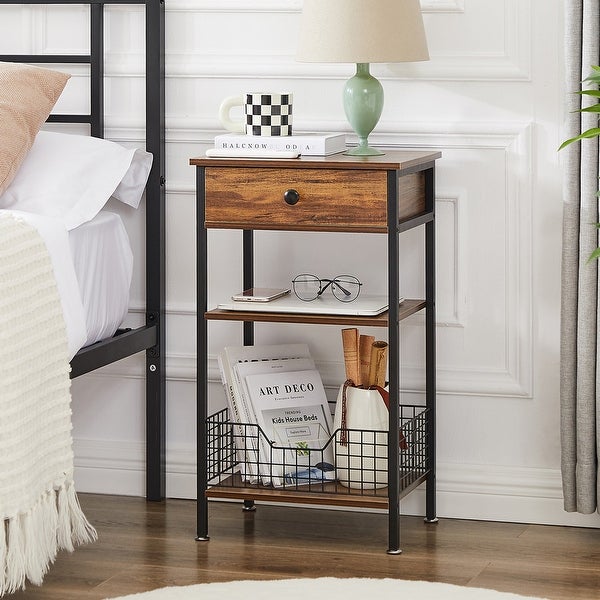 Taomika 1-Drawer Mid Century Modern Nightstand with Storage Shelves and Baskets - - 36349587