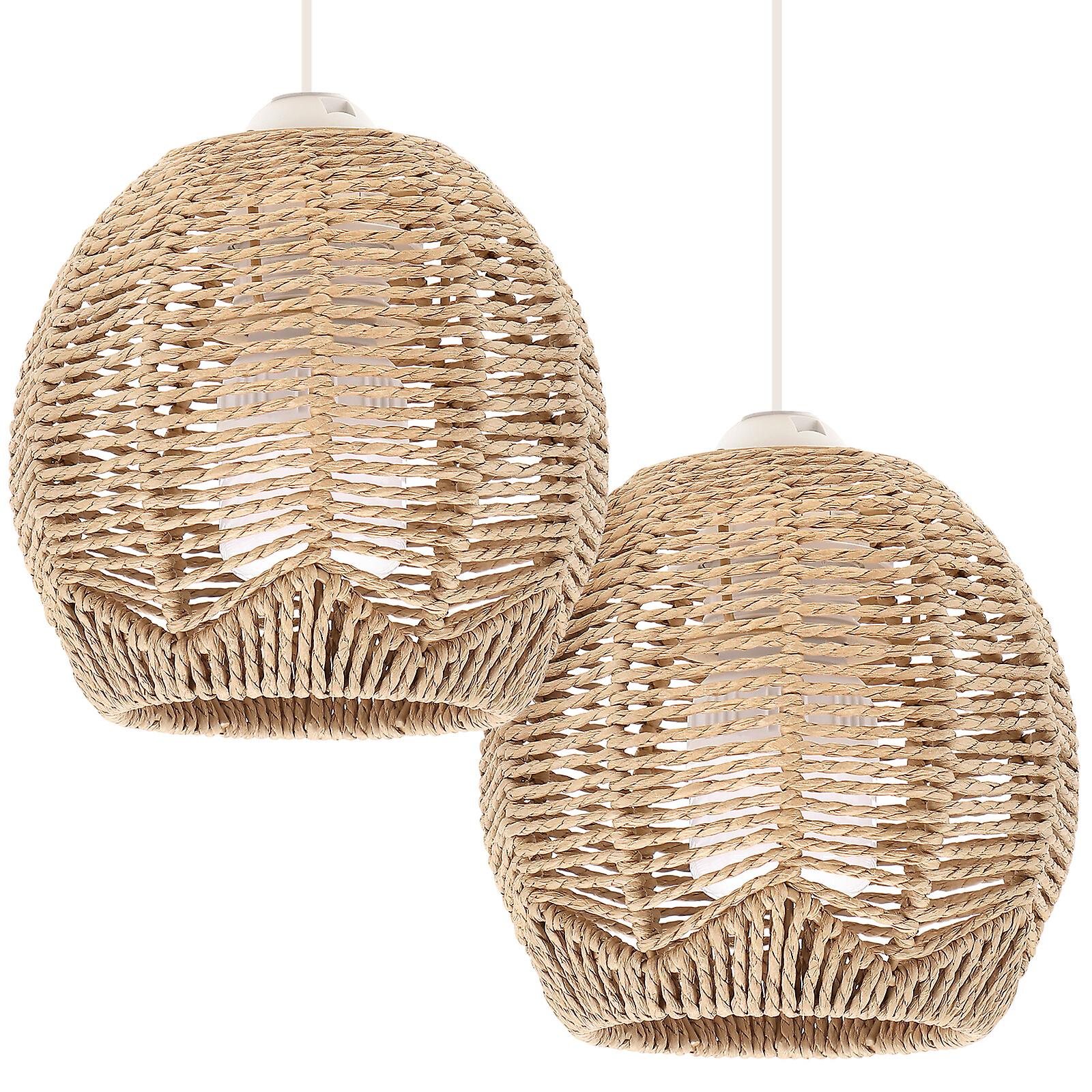 2 Pcs Ceiling Pendant Light Covers Vintage Imitation Rattan Handwoven Chandelier Lamp Shades Bulb Guards Cages For Living Room Bedroom Hotel Restauran