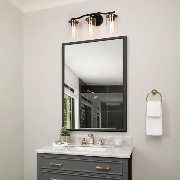 Modern Farmhouse Black Gold 3-Light Bathroom Vanity Lights Cylinder Glass Wall Sconces - 21