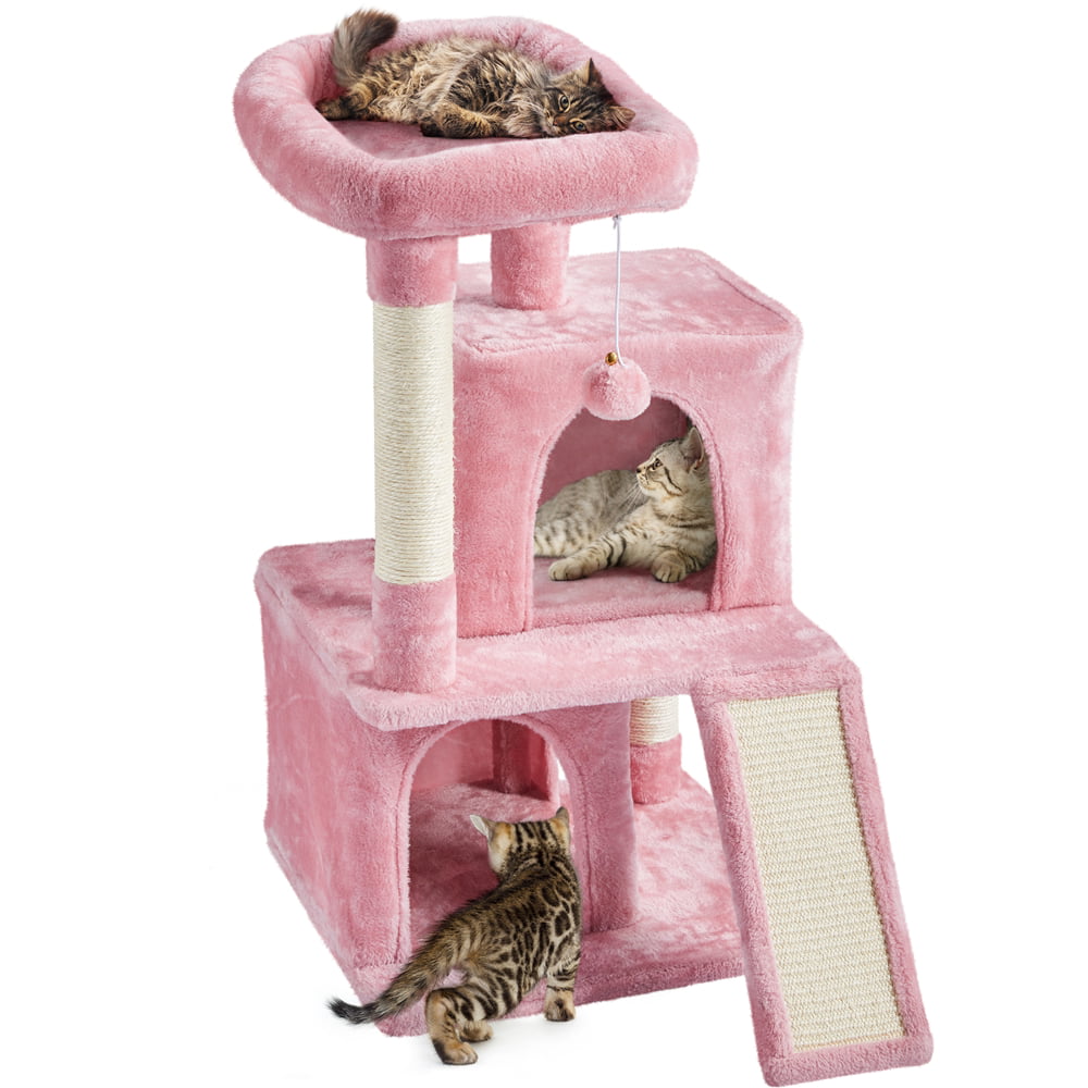 Easyfashion Multilevel Plush Cat Tree with Double Condos and Furry Ball for Cats， Kittens， Pink