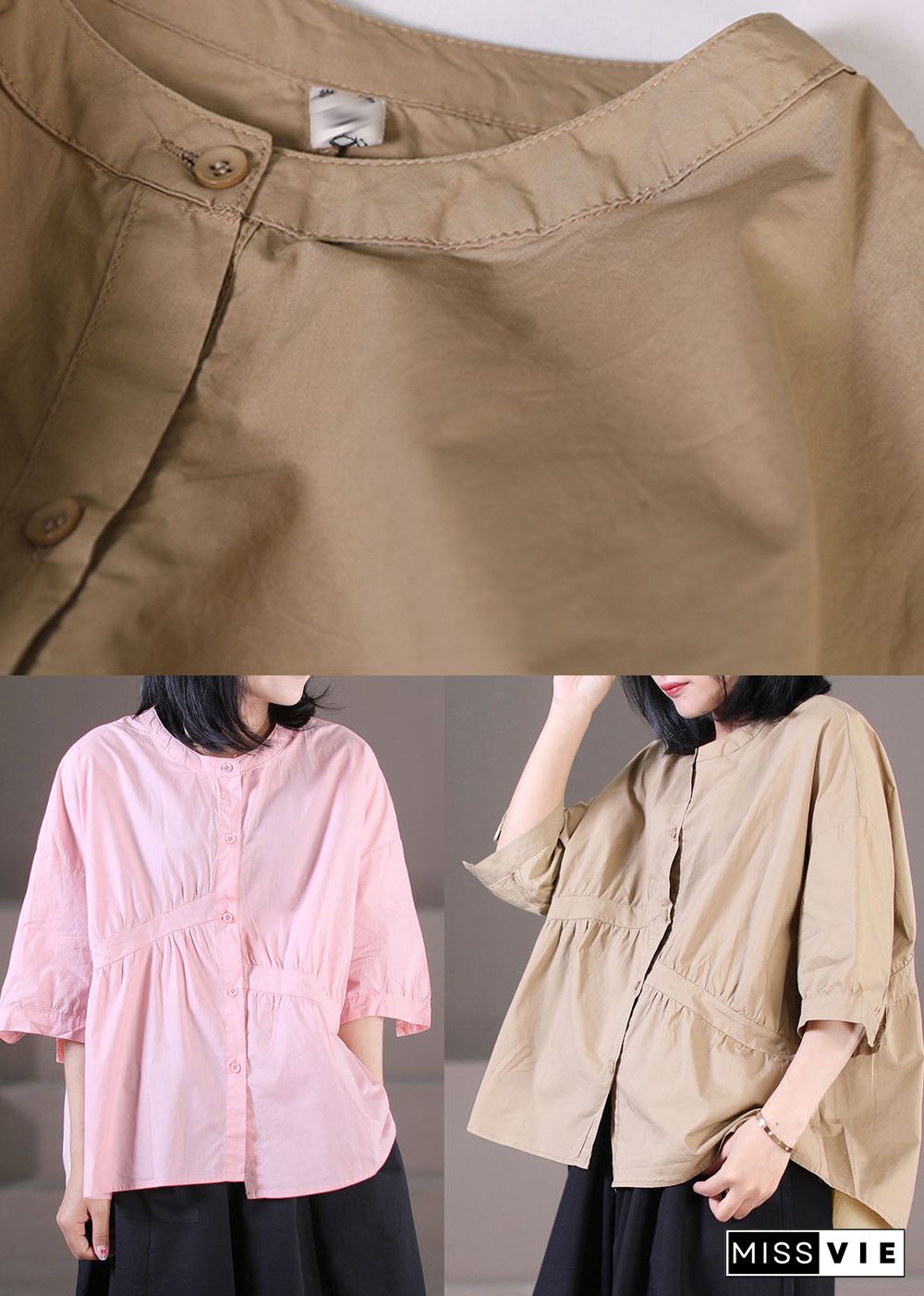 Women Pink O-Neck Asymmetrical Wrinkled Cotton Shirts Half Sleeve