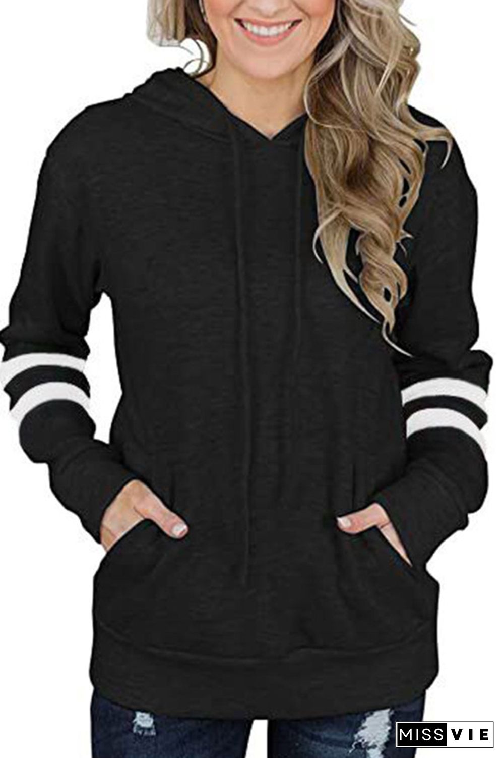 Stripe Loose Pocket Hoodies Women Wholesale