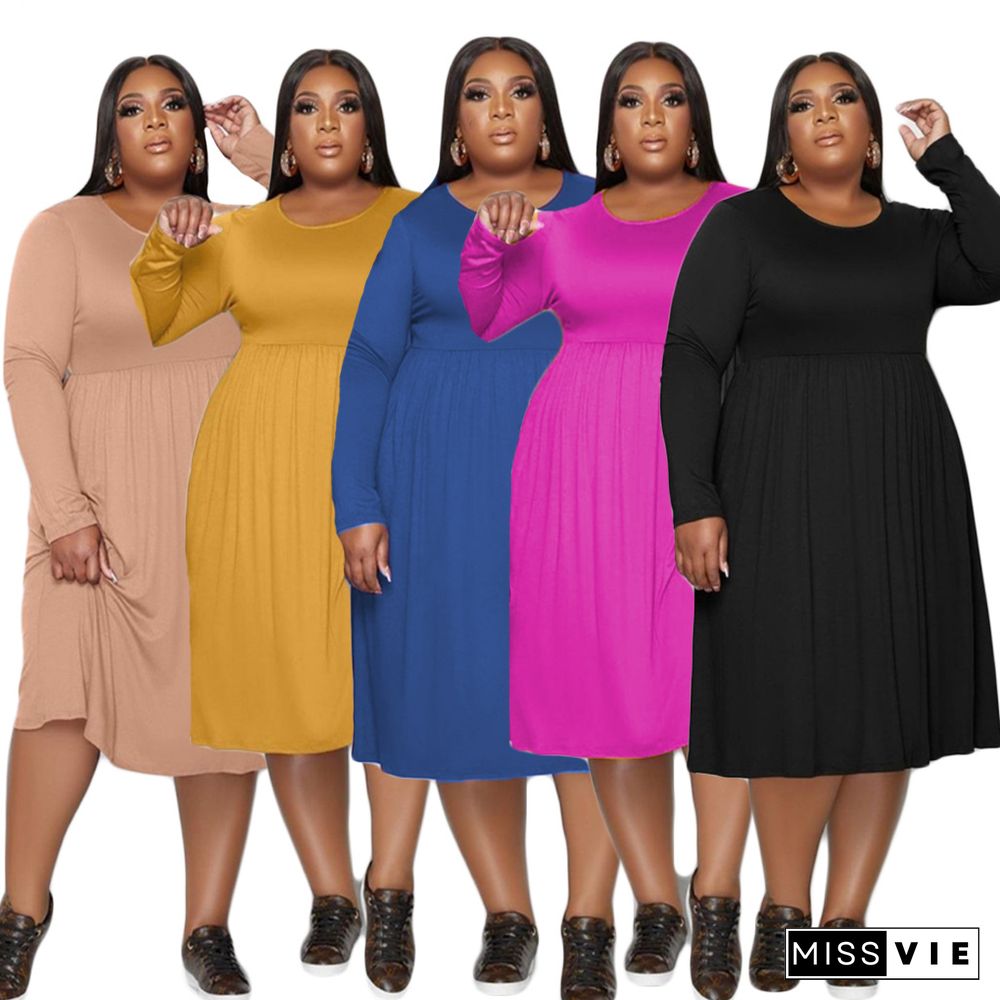 Solid Color Long Sleeve A Line Plus Size Dresses