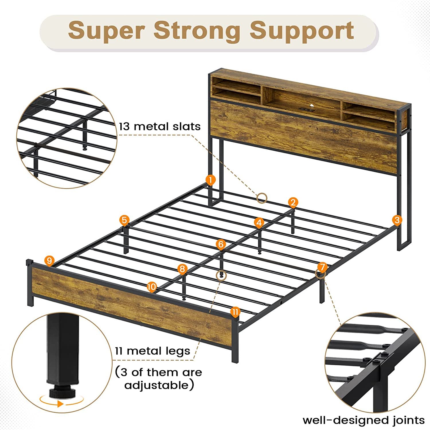 LED Bed Frame with Charging Station and Storage Headboard,Full Size Metal Platform Bed with LED Lights, Rustic Brown