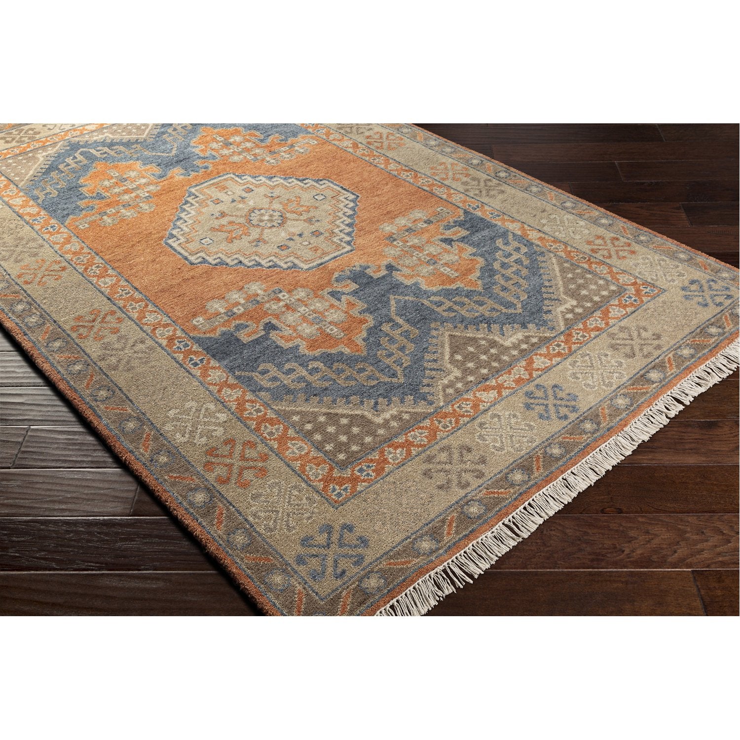 Isparta Hand Knotted Rug in Camel, Tan, Moss, Burnt Orange, Navy, Denim