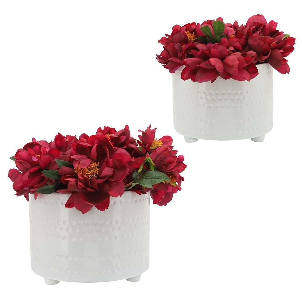 Set of 2 White Ceramic Outdoor Dotted Footed Planters 12\