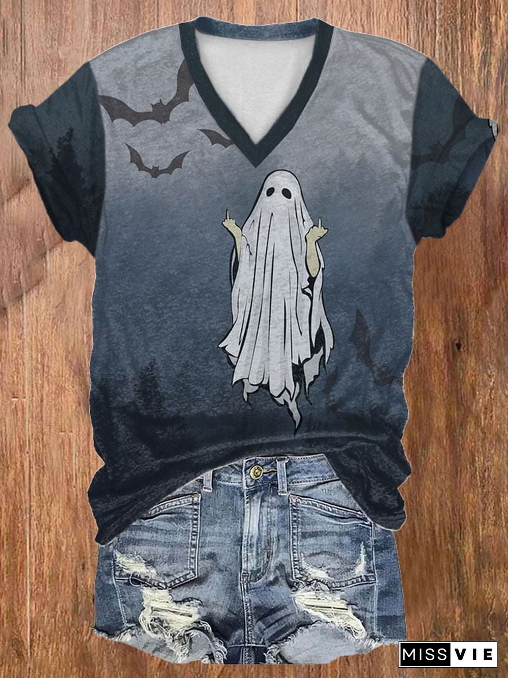 Women's Casual Ghost Art Printed Short Sleeve T-Shirt