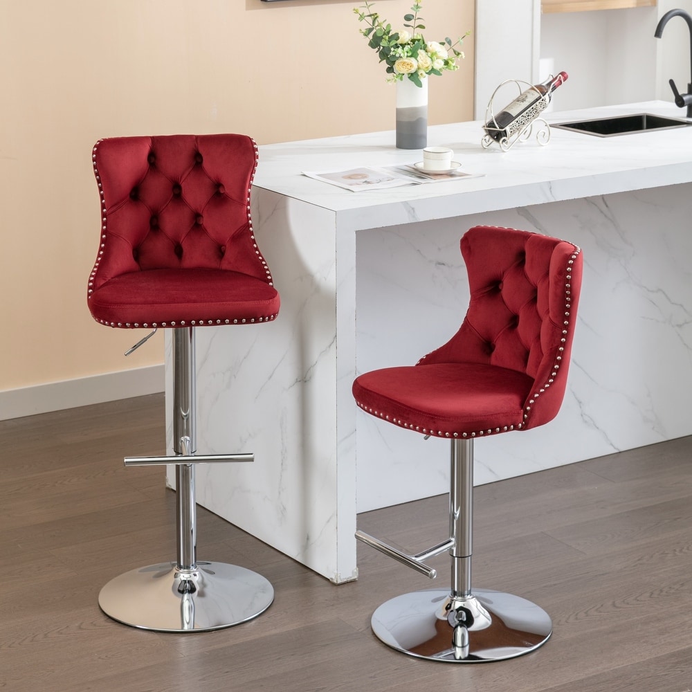 Set of 2 Swivel Velvet Tufted Adjusatble Seat Height Barstools