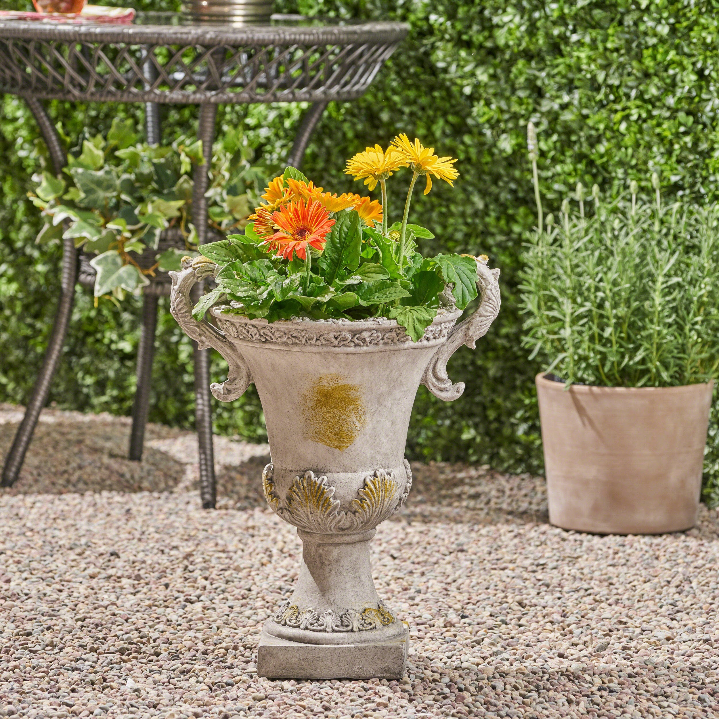 Renee Chalice Garden Urn Planter, Roman, Botanical, Lightweight Concrete