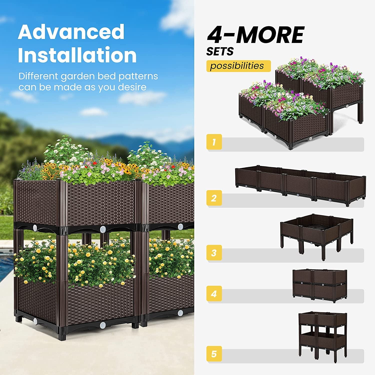 VIVOHOME Elevated Plastic Raised Garden Planter Kit, 17" x 17" x 7"  (4 Pack, Brown)