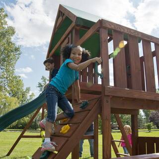 Swing-N-Slide Playsets Knightsbridge Complete Wooden Outdoor Playset with Rock Wall Wave Slide Tarp Roof and Swing Set Accessories PB 9241-1