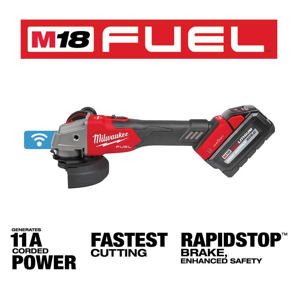 MW M18 FUEL 18V Lithium-Ion Brushless Cordless 4-12 in.5 in. Braking Grinder Kit wSlide Switch and Two 6.0 Batteries 2883-22