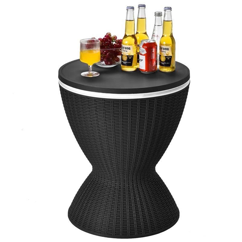 3-in-1 Rattan Outdoor Patio Bar Side Table with Ice Bucket, 8 Gallon Ice Cooler Wine Cocktail Table for Deck Pool Party