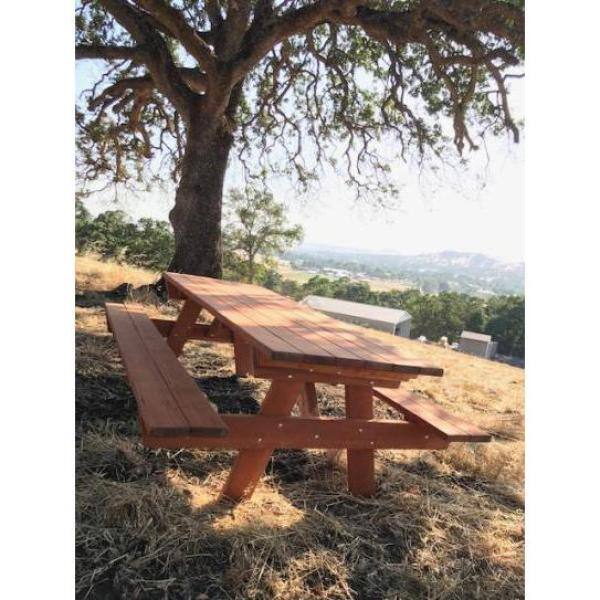 Outdoor 1905 Super Deck Finished 8 ft. Redwood Picnic Table with Attached Benches PTACHBB-8SC1905