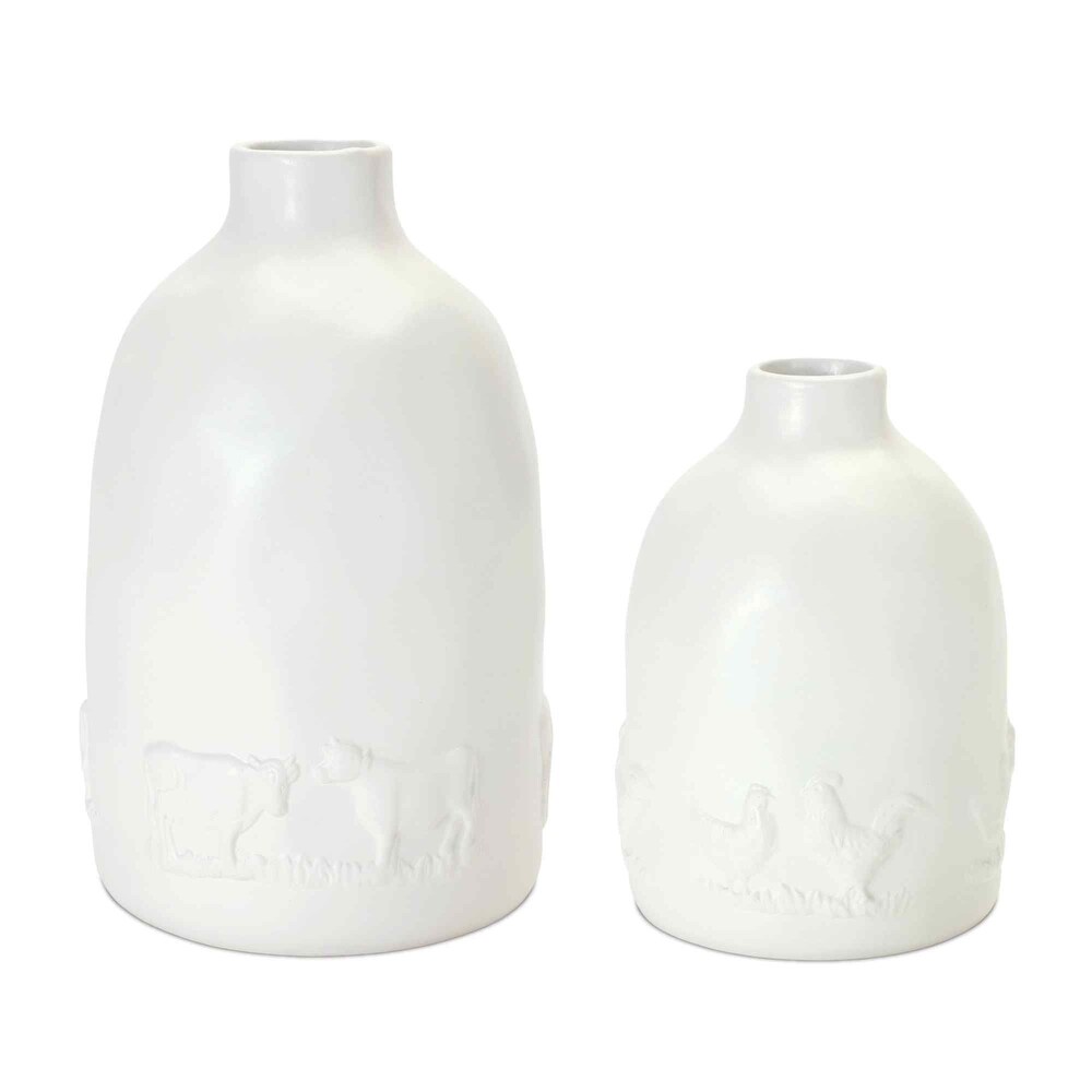 Set of 2 White Farm Animal Decorative Bottle Vases 8.5\