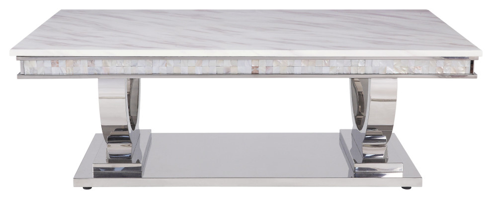 Zander Coffee Table  White Printed Faux Marble and Mirrored Silver Finish   Contemporary   Coffee Tables   by Homesquare  Houzz