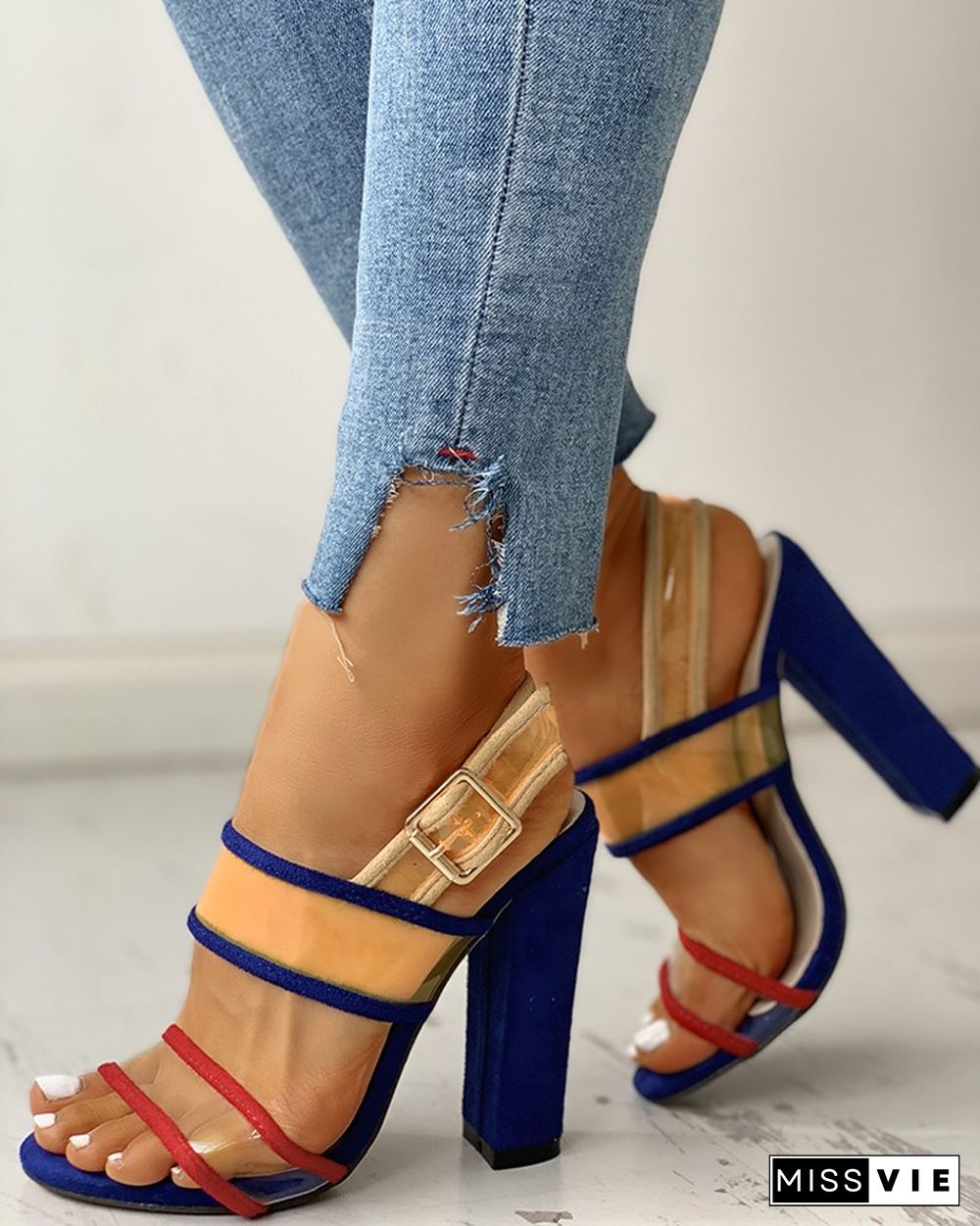 Contrast Color Peep Toe Chunky Heels