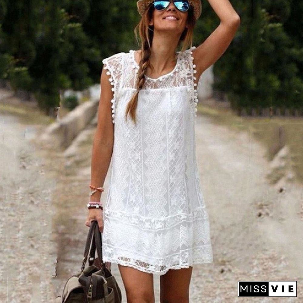 Fashion Summer Elegant Dress Women Casual Solid Sleeveless Slim Beach Short Dress Lace Tassel Mini Dress