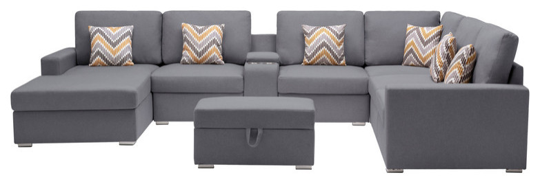 Nolan Linen 8 Piece Reversible Chaise Sectional Ottoman Storage Console   Contemporary   Sectional Sofas   by Lilola Home  Houzz