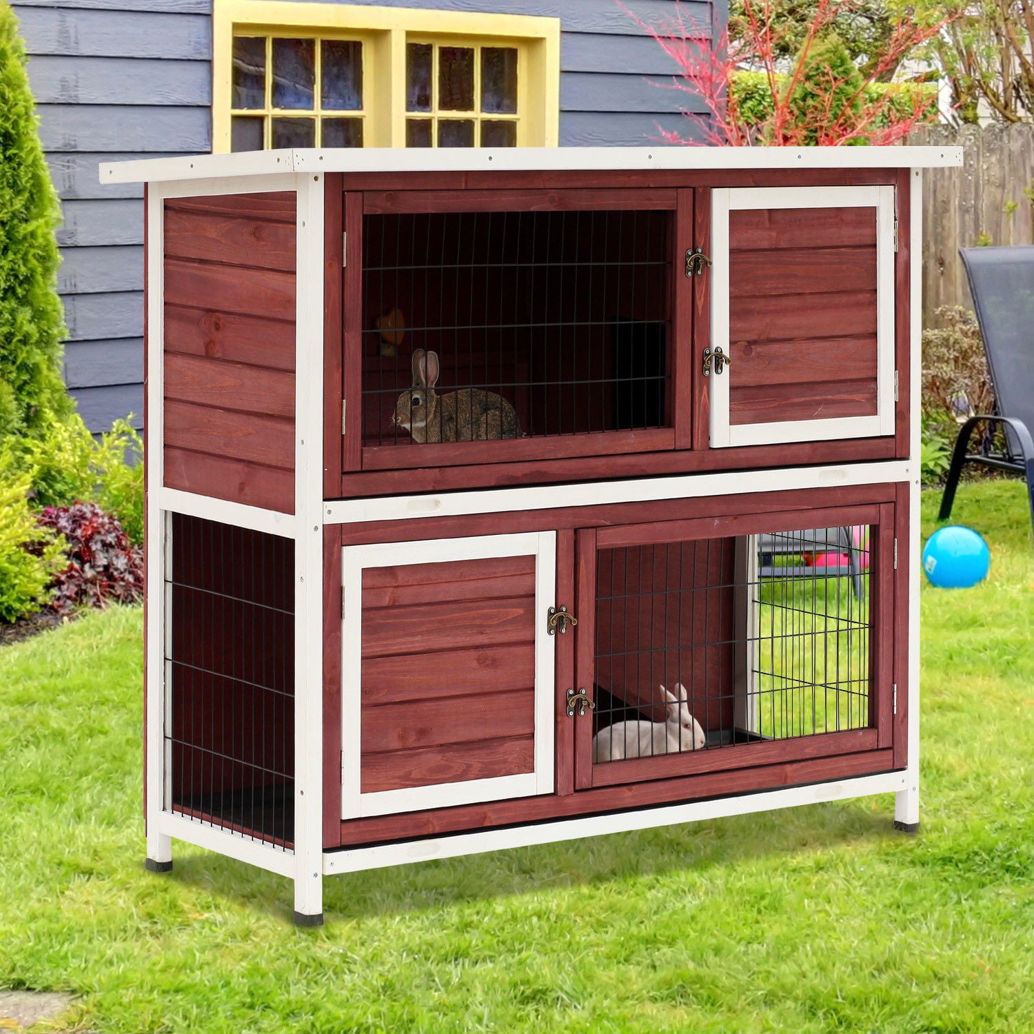 Pawhut Elevated Stacked Wooden Rabbit Hutch Small Animal Habitat with Ramp， 48