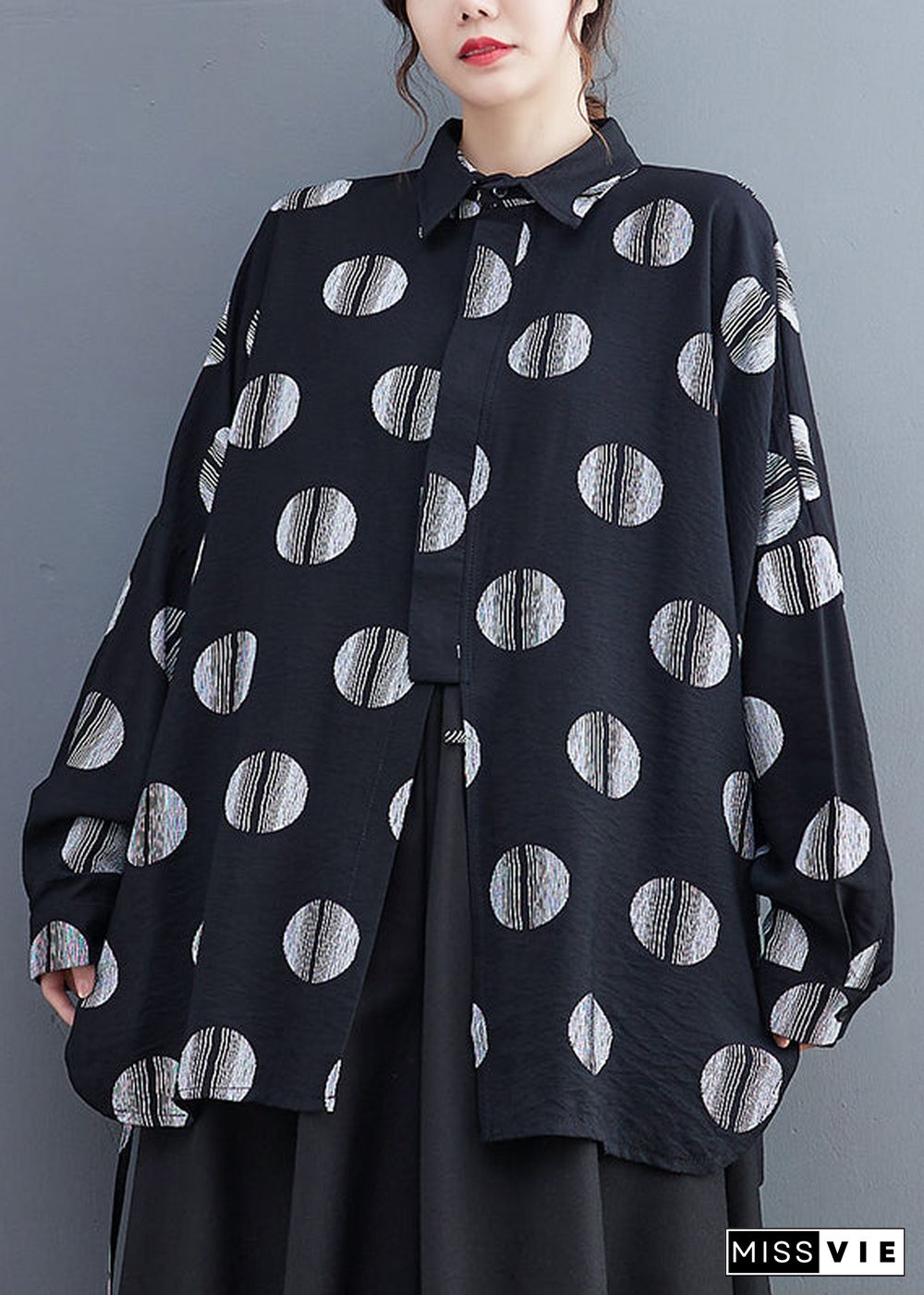 Fine Black Dot Print Patchwork Shirts Long Sleeve