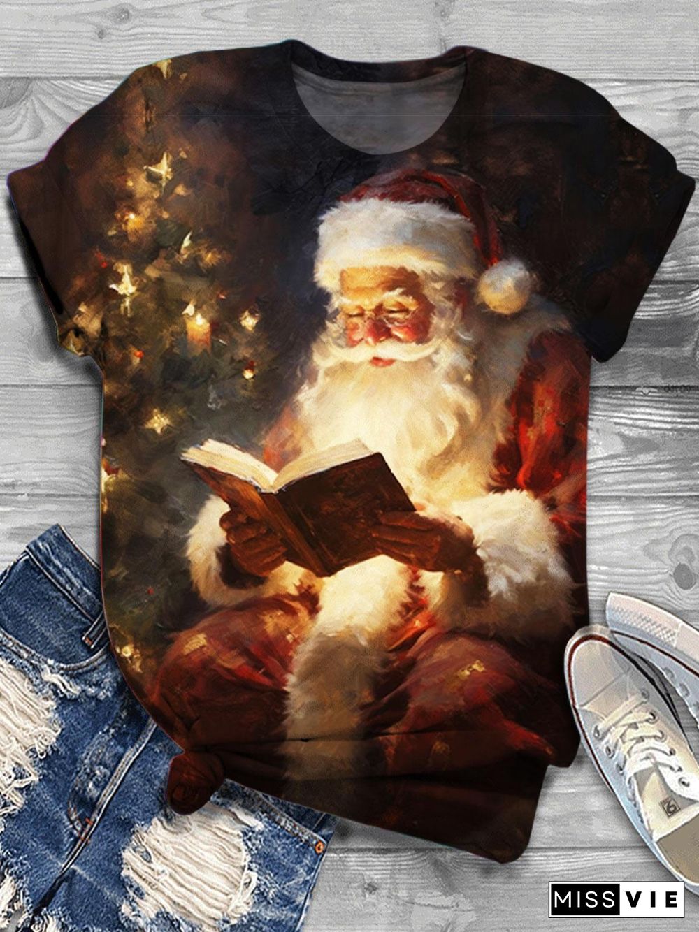 Women's Santa Print Round Neck Short Sleeve T-Shirt