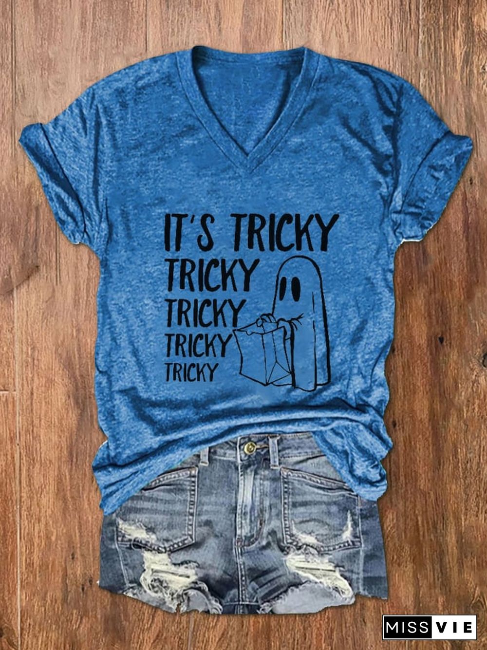 Women's It's Tricky Funny Halloween Print V-Neck T-Shirt