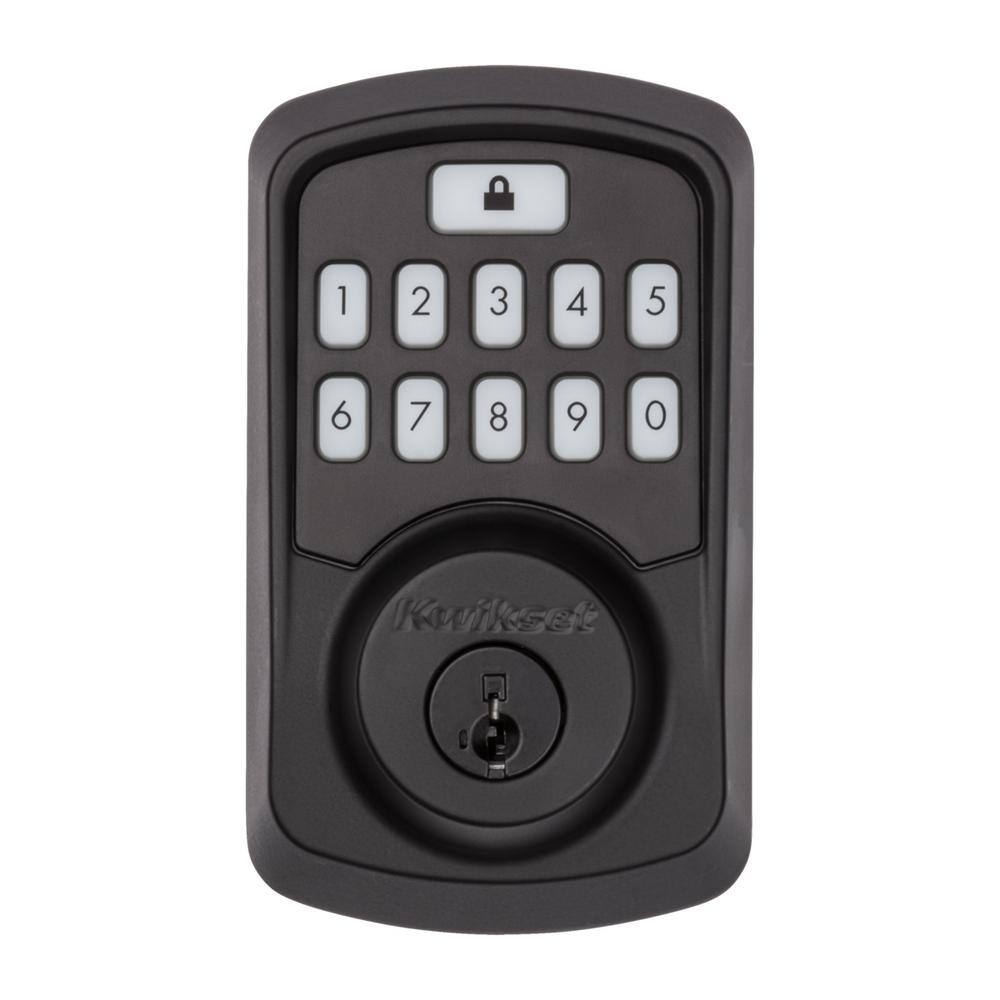 Kwikset Aura Matte Black Single Cylinder Electronic Bluetooth Keypad Smart Lock Deadbolt featuring SmartKey Security 942BLEDB514SMTT