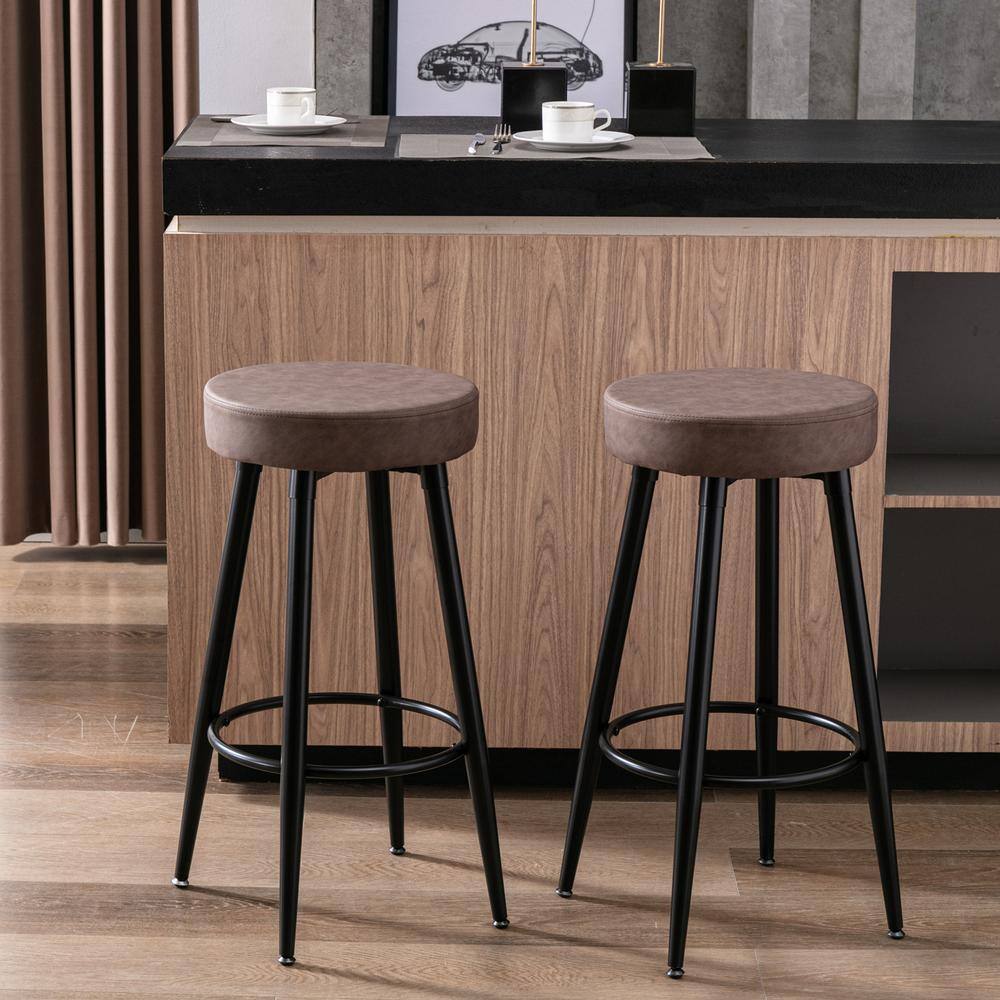 URTR 28 in. Simple Industrial Brown Metal Frame Bar Stools, Round Dining Stools, Bar Chair with Faux Leather Seat  (Set of 2) HY01918Y