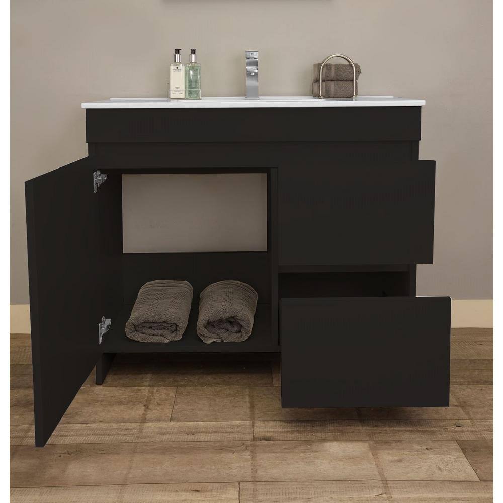 VOLPA USA AMERICAN CRAFTED VANITIES Mace 40 in. W x 18 in. D x 34 in. H Bath Vanity in Glossy Black with White Ceramic Top and Right-Side Drawers MTD-3840GB-R-P