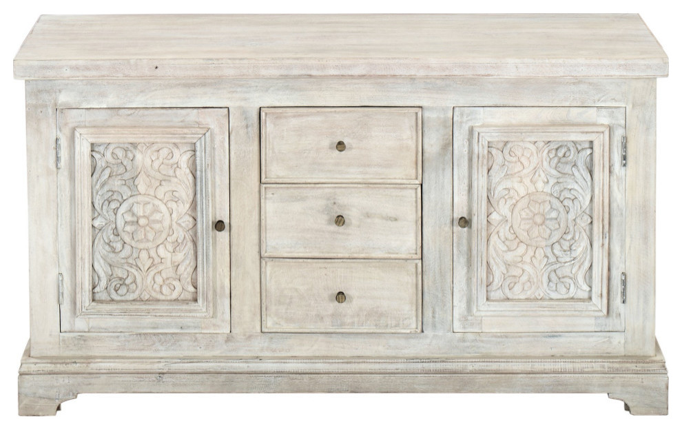 42 quotDistressed Antique White Farmhouse Hand Carved Accent Cabinet   French Country   Accent Chests And Cabinets   by Sideboards and Things  Houzz