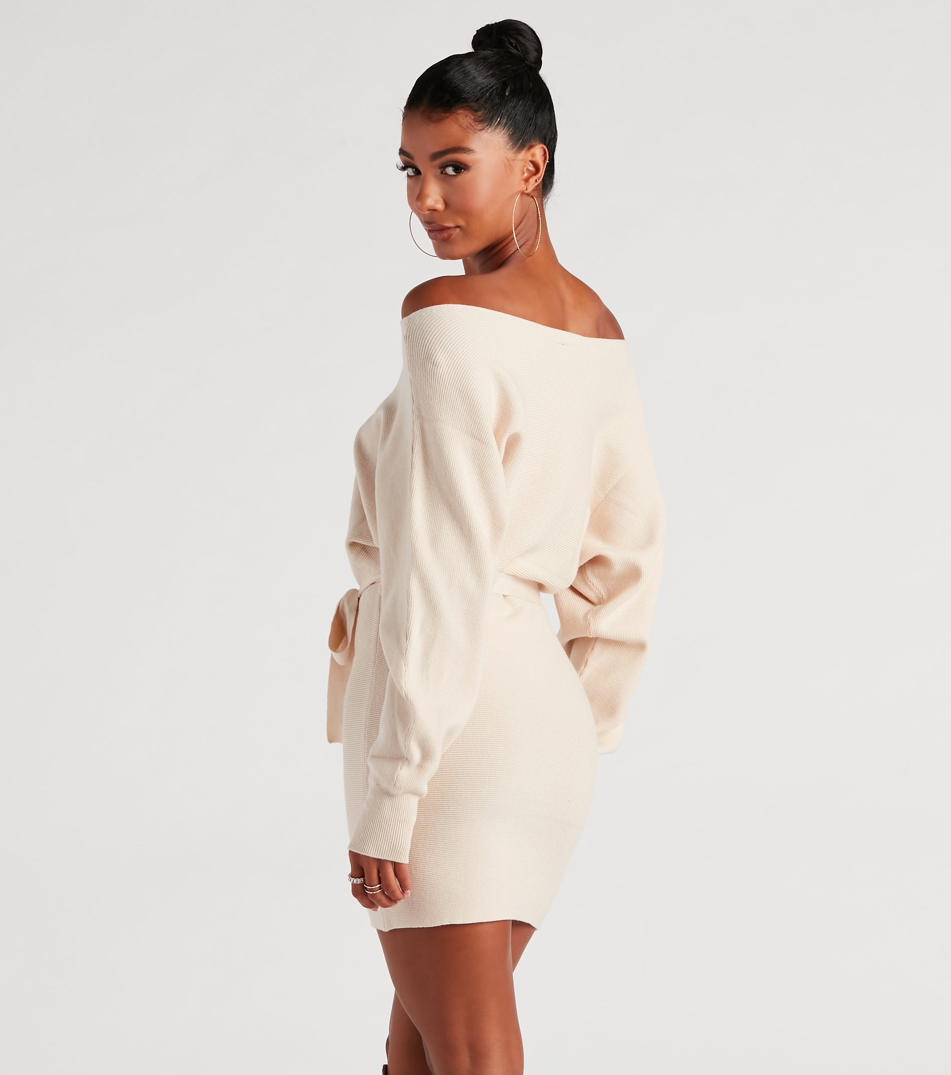 Cold Classic Dolman Sleeve Belted Sweater Dress