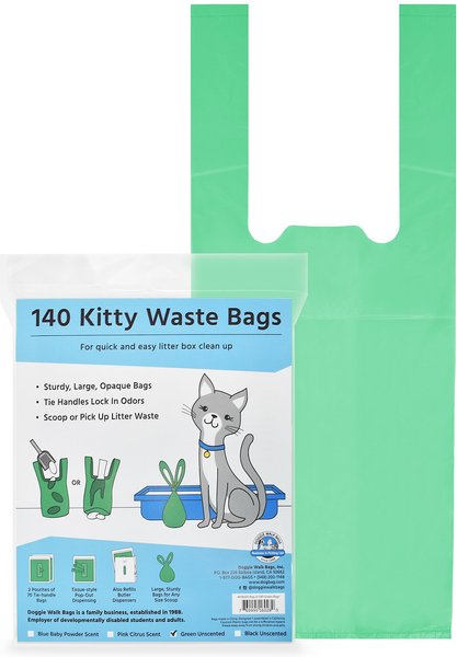 Doggie Walk Bags Unscented Tie Handle Cat Litter Bags， Green， 140 count