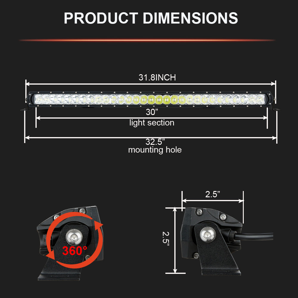 Biglion.x Slim 32inch LED Light Bar Combo Spot Flood 300W Single Row LED Offroad Light Driving Work IP68 IP69K Roof Bumper Light bar 12V 24V