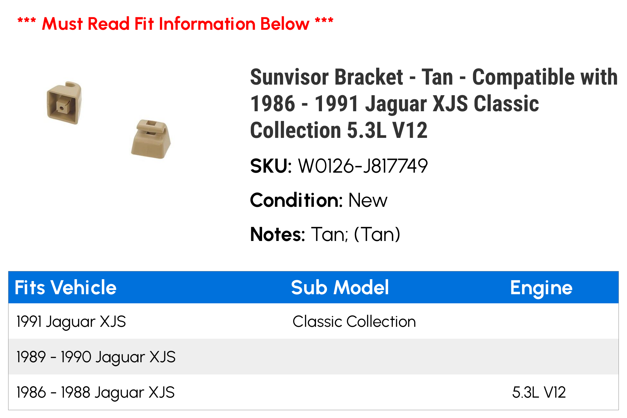 Sunvisor Bracket - Tan - Compatible with 1986 - 1991 Jaguar XJS Classic Collection 5.3L V12 1987 1988 1989 1990