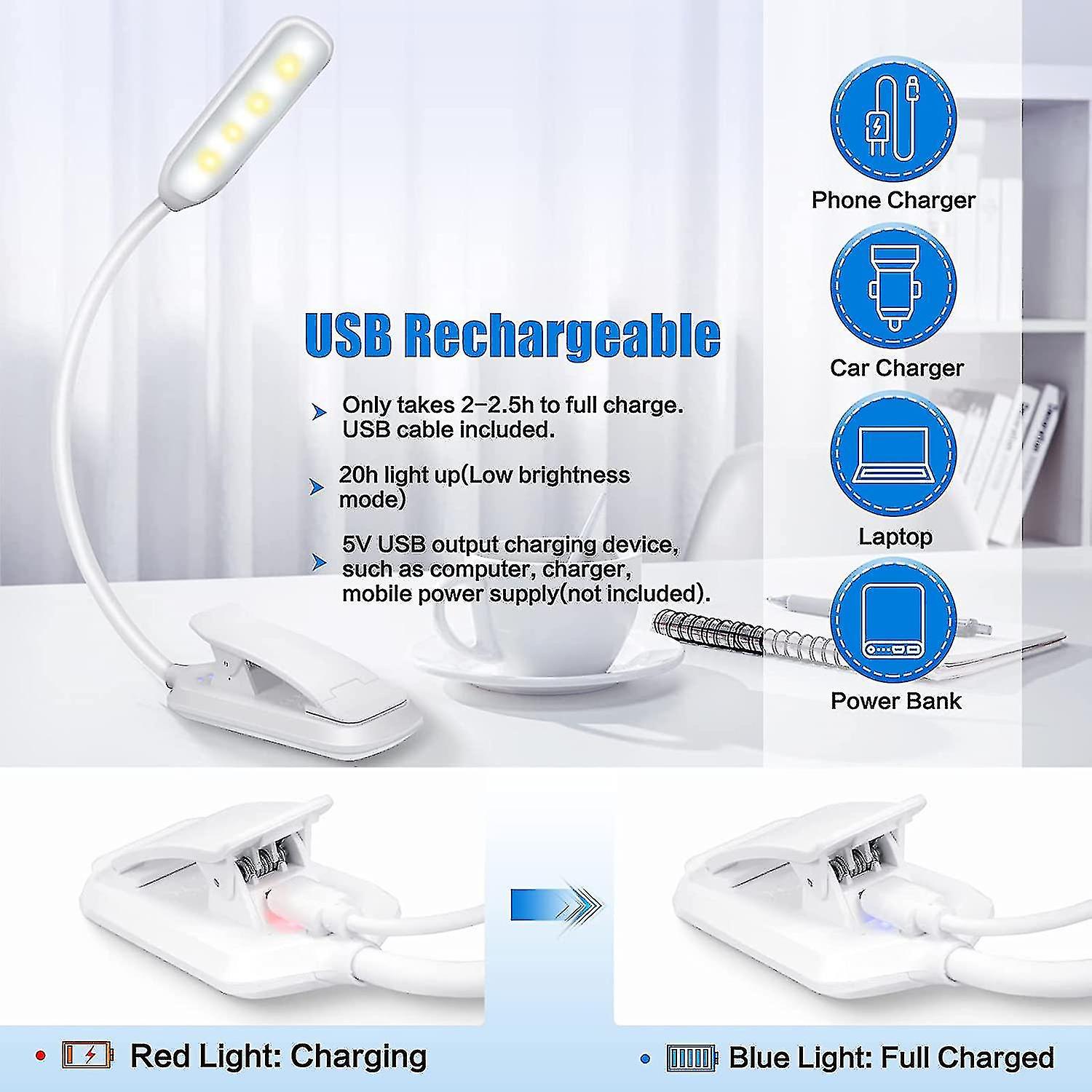 Reading Light， 9 Led Usb Rechargeable Reading Light， Gradual Dimming Book Light， 3 Color Modes (white/warm/warm White)， 360 Foldable And Flexible Clip