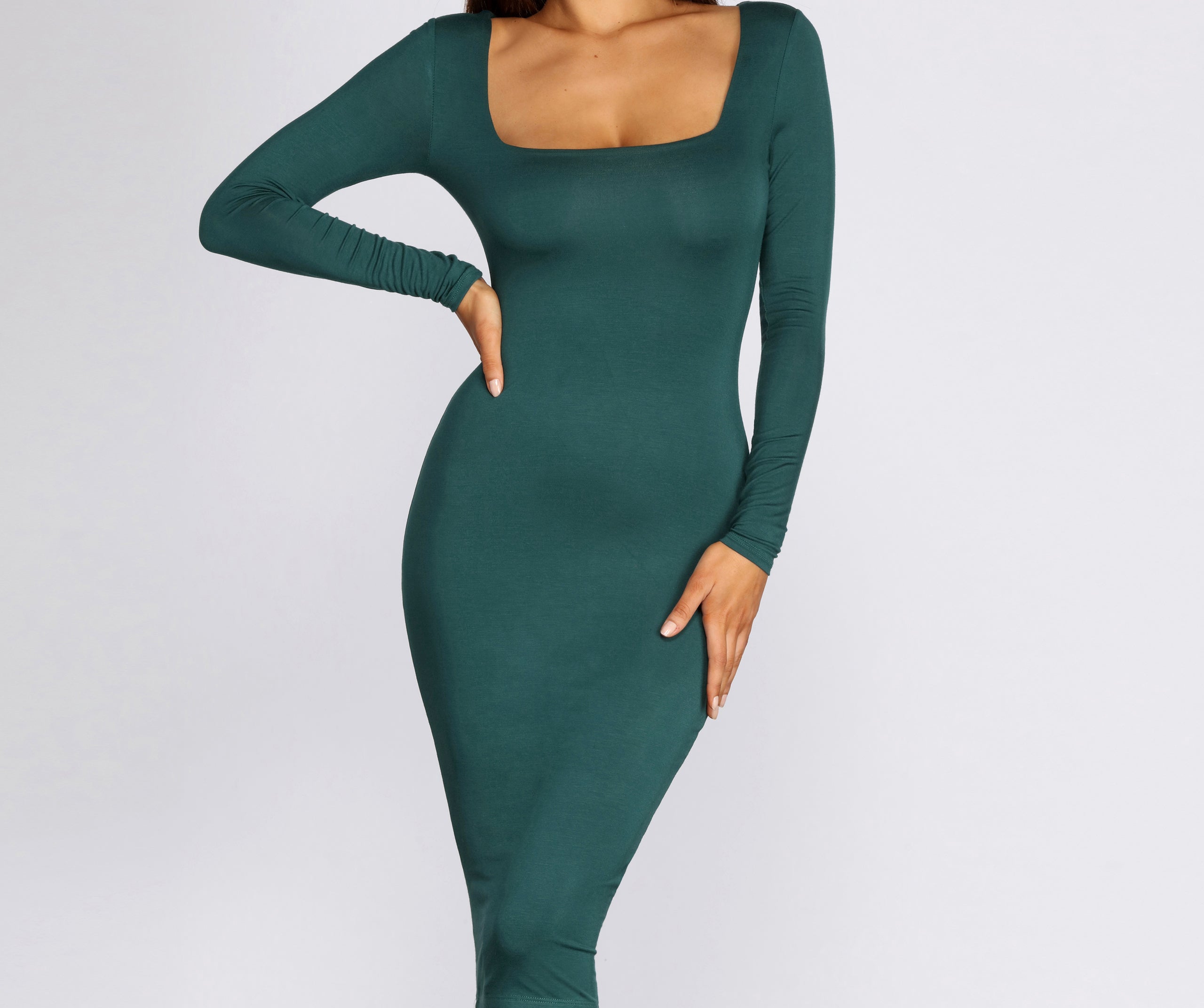 Square Neck Long Sleeve Midi Dress