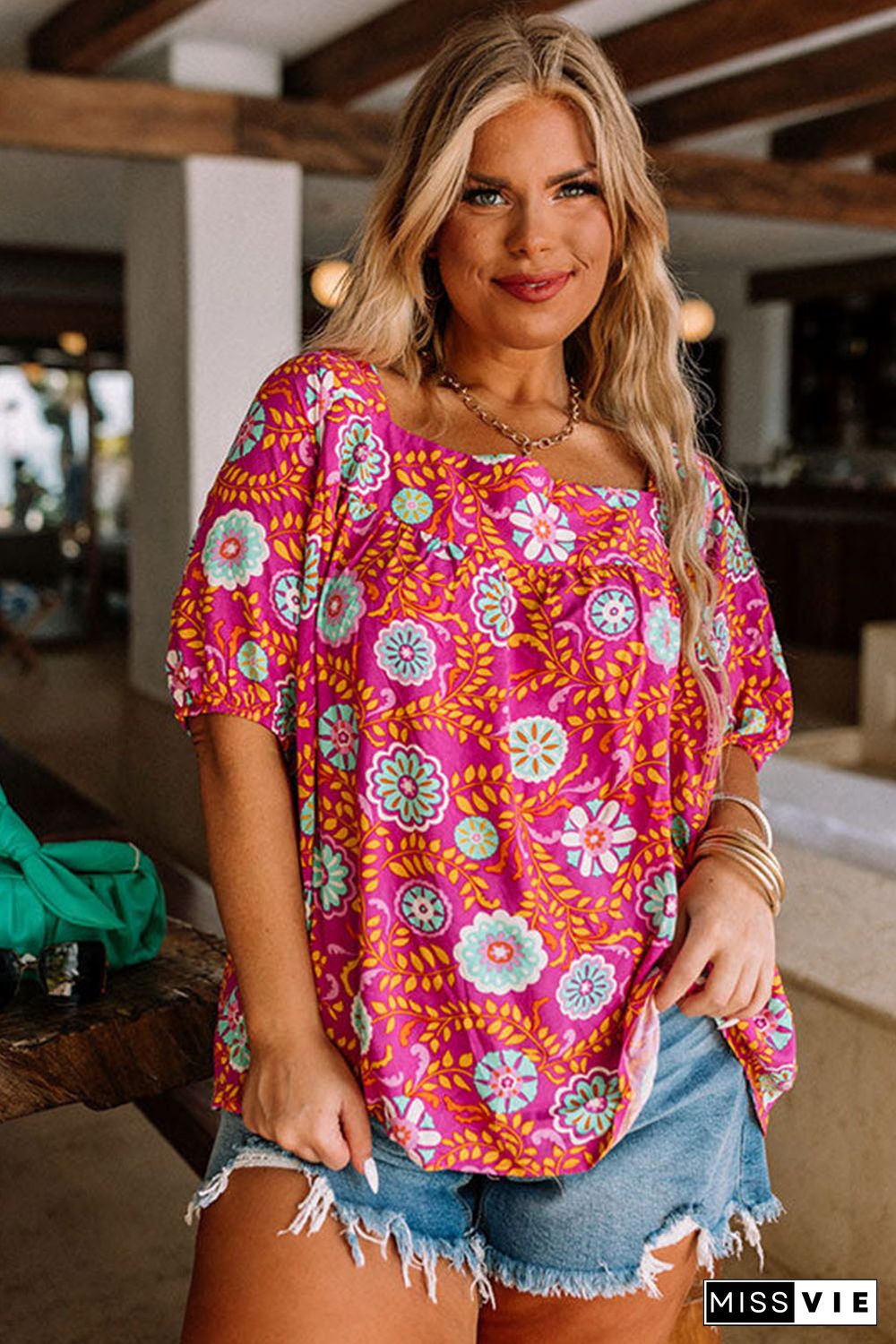 Rose Plus Size Floral Print Tie Back Blouse