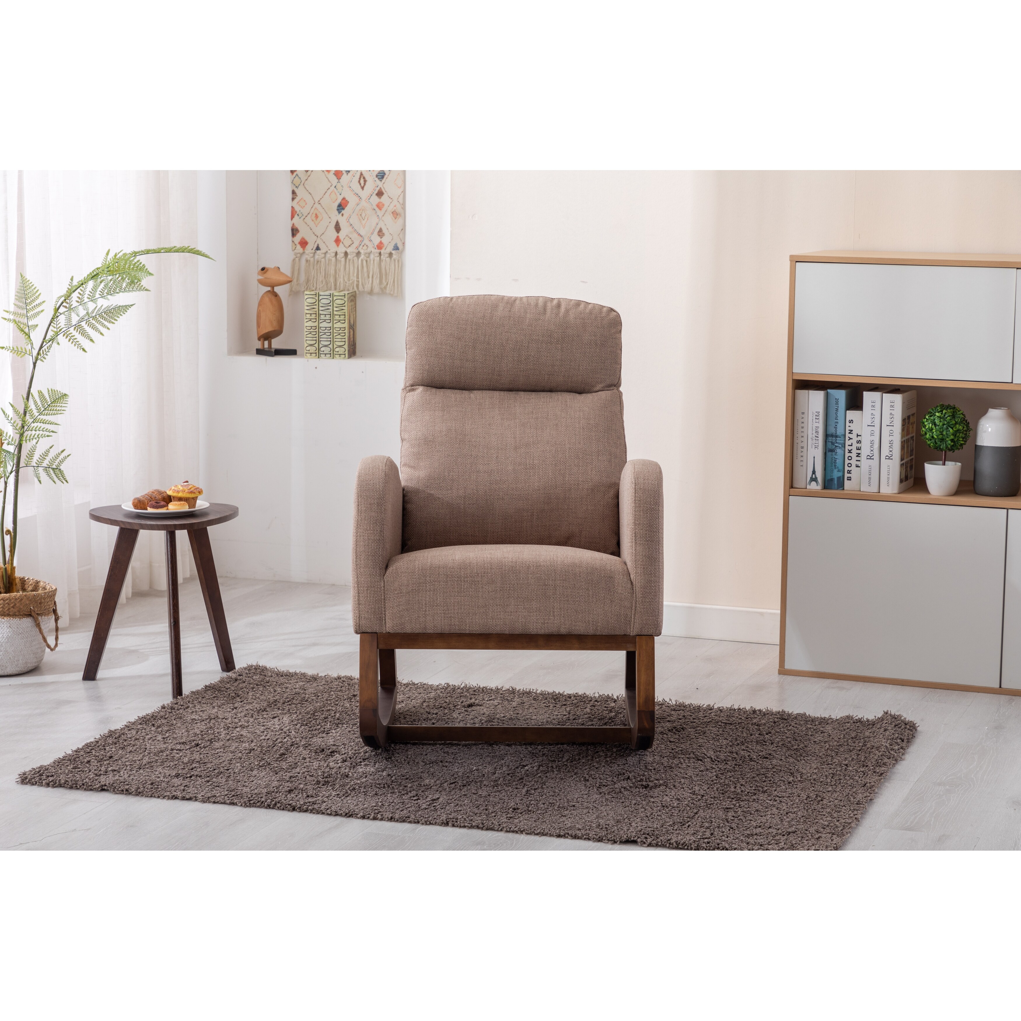 Modern Fabric Tall Back Accent Chair Rocker Chair Upholstered Armchair with Side Pockets， Leisure Single Sofa for Living Room