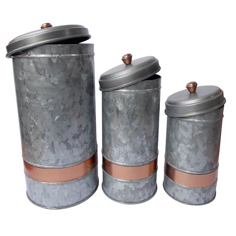 Benzara Galvanized Metal Lidded Canister With Copper Band， Set of Three， Gray