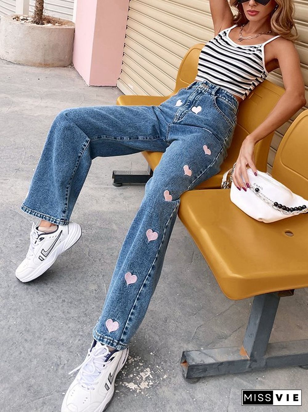 Heart Pattern Denim Jeans