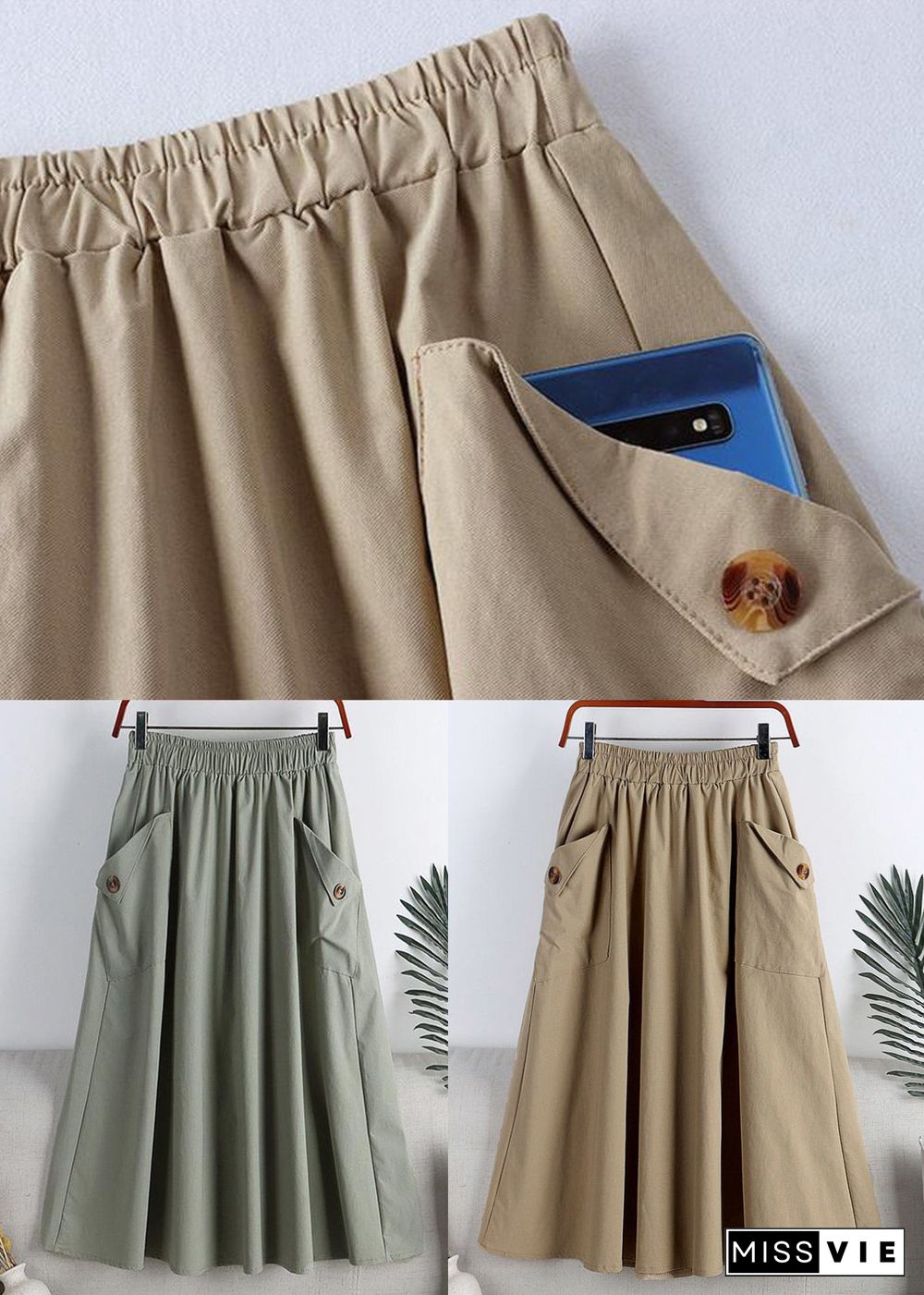 Light Green Elastic Waist Faux Leathe A Line Skirts Summer