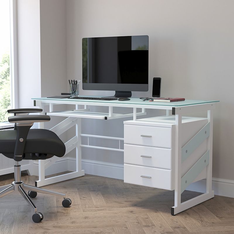 Emma and Oliver White Computer Desk with Frosted Glass Top and Three Drawer Pedestal