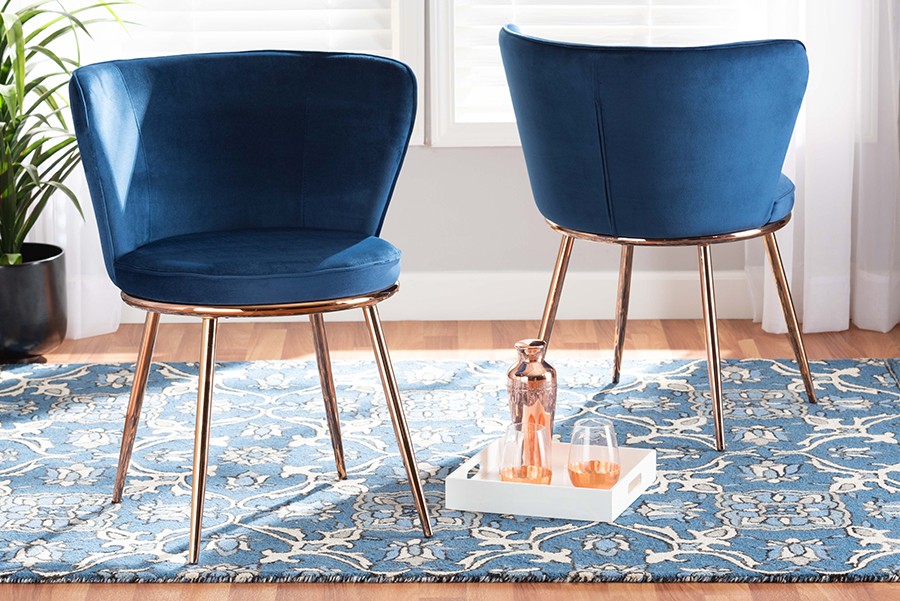 Wholesale Interiors Baxton Studio Farah Modern Luxe and Glam Navy Blue Velvet Fabric Upholstered and Rose Gold Finished Metal 2-Piece Dining Chair Set - Wholesale Interiors 20A25-Navy Blue-Rose Gold-DC