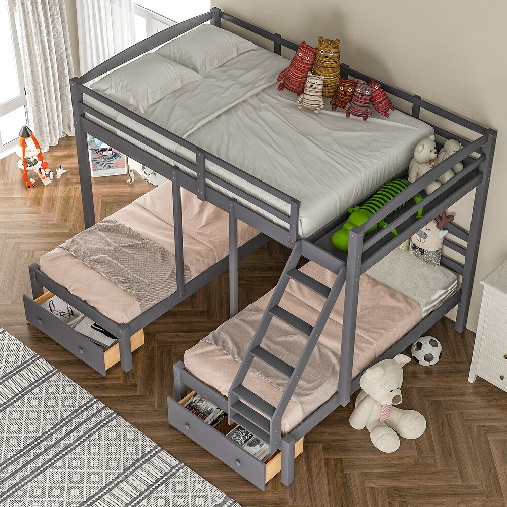 Gray Full over Twin   Twin Bunk Bed Triple Bunk Bed with Drawers